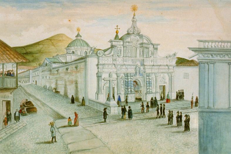 La iglesia de La Compañía de Jesús, de Quito, según una acuarela anónima  (30 x 25,5 cm) de 1855, que se conserva en la Biblioteca Nacional de Madrid, en España, en un “Album de Costumbres Ecuatorianas”.